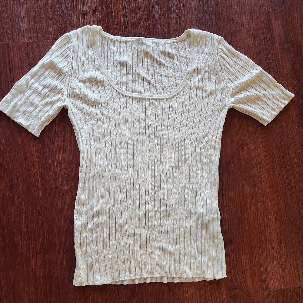 LaPointe Revolve Ribbed Scoop Neck Shirt Cream Top La Pointe